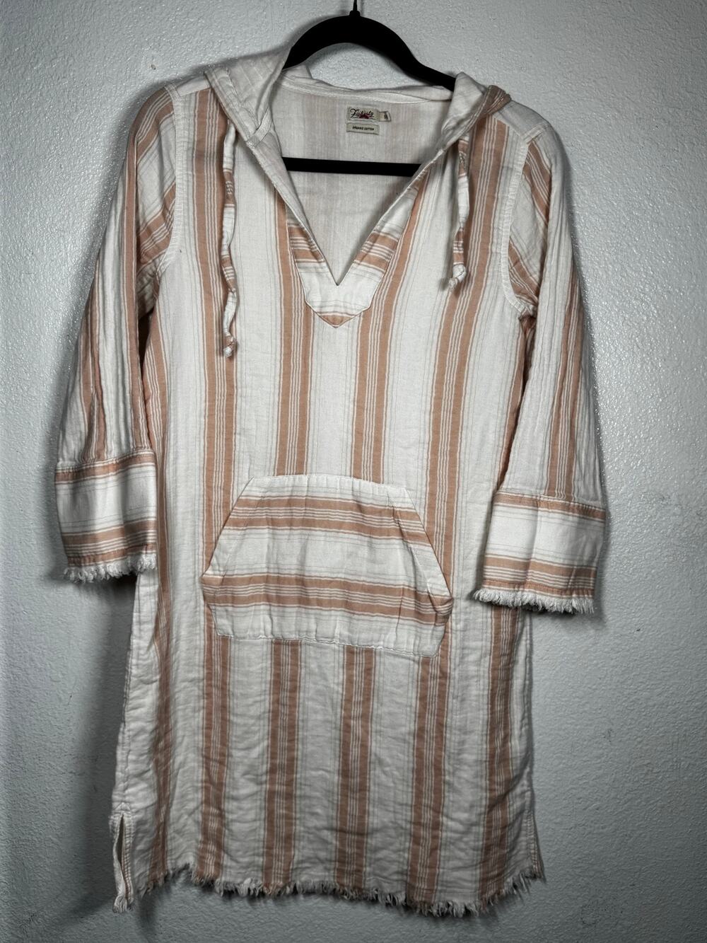Faherty Baja Surf Dress Cream White Stripe Hooded Fringe Hem Long Sleeve Sz S